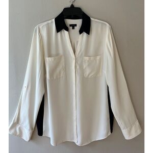 Talbots Sz L Contrast Trim Long Sleeves Blouse Button Down Collared Silky Pocket